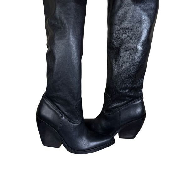 ZARA Black Leather Over-the-Knee Cowboy Boots 8.5 US / 39 EU Western Chic - Picture 5 of 15